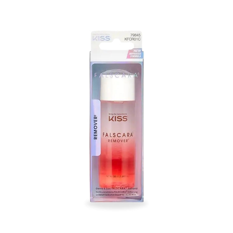 Falscara - Remover in een transparante fles met een roze gradient, verpakt in een stevige doos.
