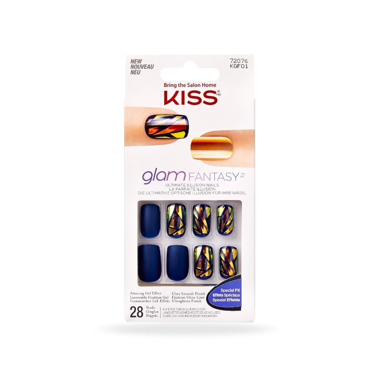 Glam Fantasy Nails - Tan Lines, set van 28 kunstnagels in blauw en kleurrijke ontwerpen, verpakt in een stijlvolle doos.