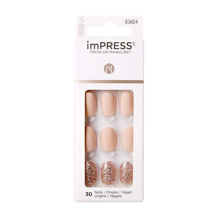 imPRESS Nails - Evanesce, set van 30 nagels in nude met glinsterende gouden accenten, verpakt in een handige doos.