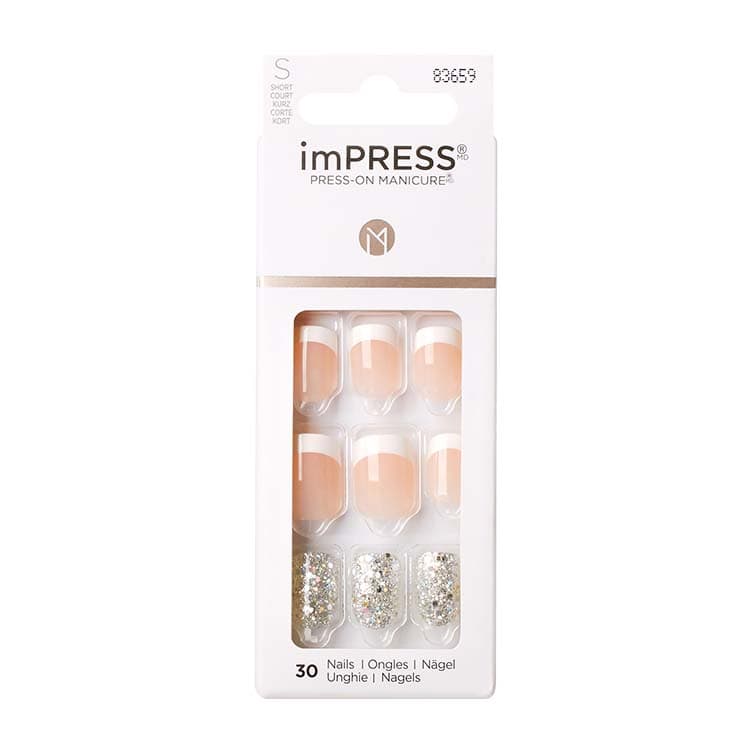 imPRESS Nails - Time Slip, een set van 30 nagels in nude en glinsterend, verpakt in een handige doos.