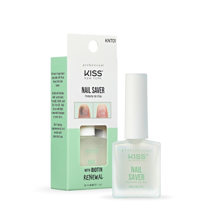 KISS Nail Saver in een transparante fles met een witte dop, verpakt in een lichtgroene doos.
