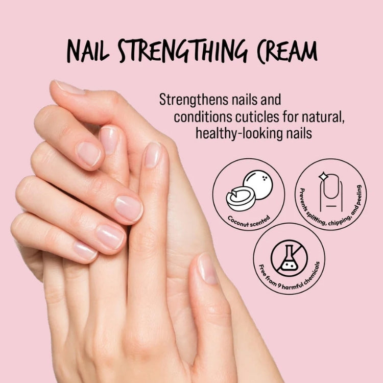 KISS Nail Strengthening Cream in een lichte verpakking, versterkt nagels en verzorgt nagelriemen voor gezonde nagels.