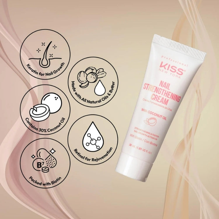 KISS Nail Strengthening Cream in een witte tube met roze accenten, verrijkt met natuurlijke oliën voor sterke nagels.