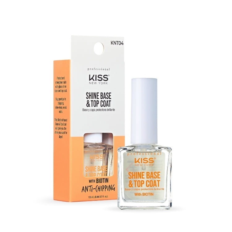 KISS Shine Base & Top Coat in een transparante fles met oranje verpakking, biedt glans en bescherming voor nagels.