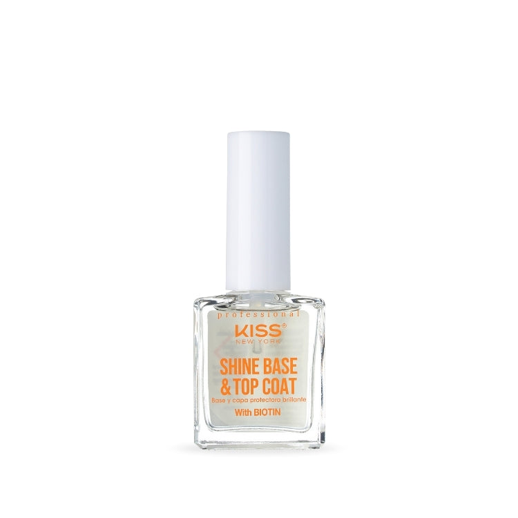 KISS Shine Base & Top Coat in een transparante fles met witte dop, ideaal voor een glanzende nagellakafwerking.