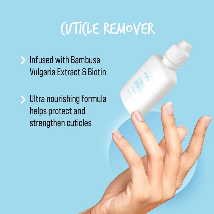 KISS Cuticle remover in een witte fles met een handige pompkop, verrijkt met bamboe-extract en biotine.