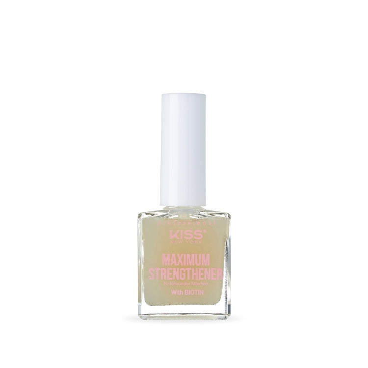 KISS Maximum Strengthener, transparante nagellak in vierkante fles met witte dop en roze tekst.
