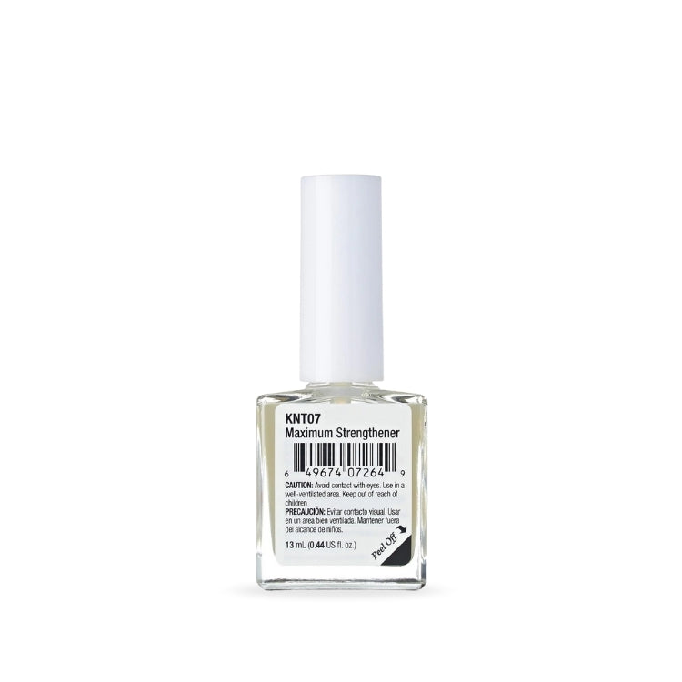 KISS Maximum Strengthener, transparante nagellak in een vierkante fles met witte dop voor sterke nagels.