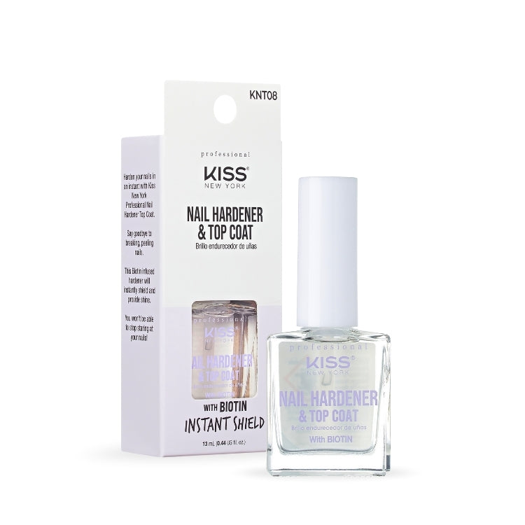 KISS Nail Hardener & Top Coat in een transparante fles met een witte verpakking, verrijkt met biotine voor sterke nagels.