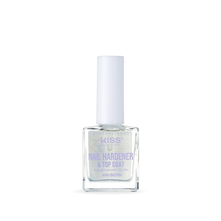 KISS Nail Hardener & Top Coat in een vierkante, transparante fles met witte dop, ideaal voor sterke en glanzende nagels.