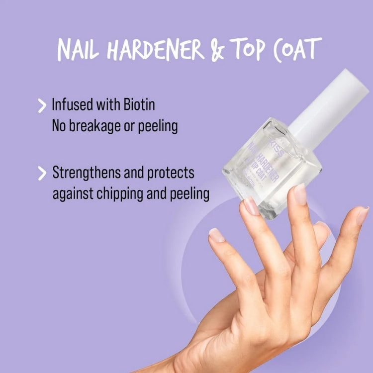 KISS Nail Hardener & Top Coat in een transparante fles met witte dop, versterkt en beschermt nagels tegen afbladderen.