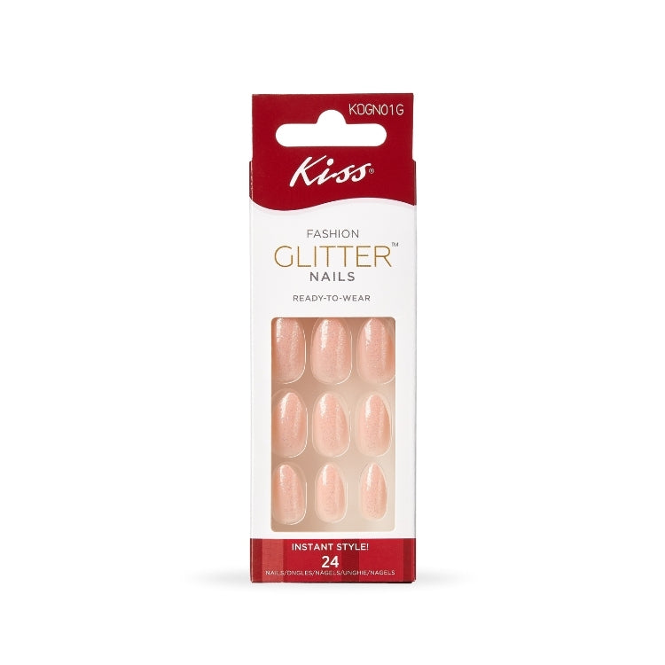 Fashion Glitter Nails - Missing Out, 24 glanzende nagels in een natuurlijke tint, verpakt in een rode doos van Kiss.