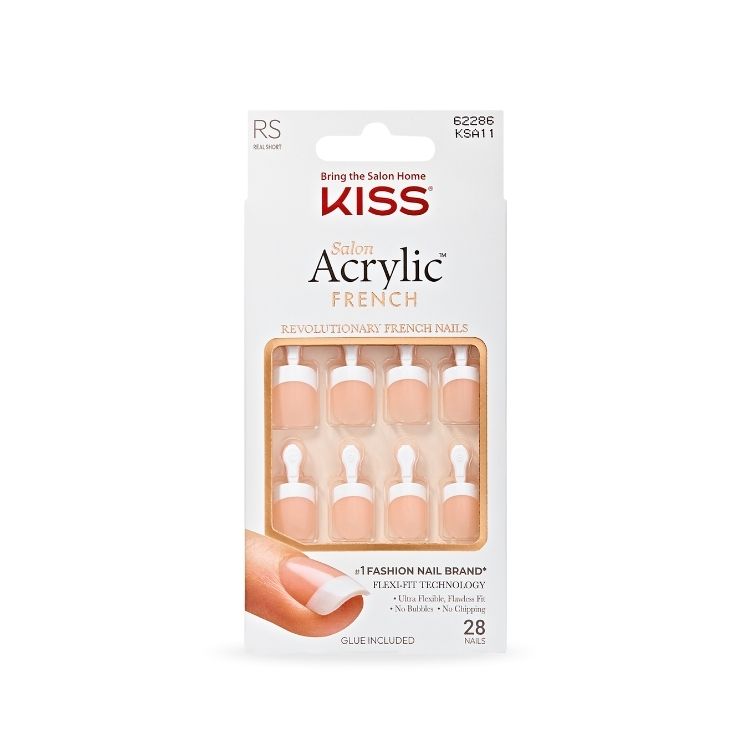 Salon Acrylic FN Kit - Power Play met 28 Franse nagels in een handige verpakking, ideaal voor een salonlook thuis.