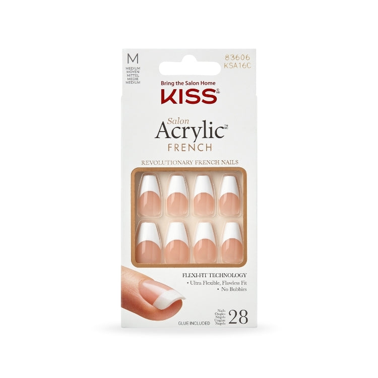 Salon Acrylic FN Kit- Je Taime, bevat 28 flexibele Franse nagels in een nude tint met witte tips, inclusief lijm.