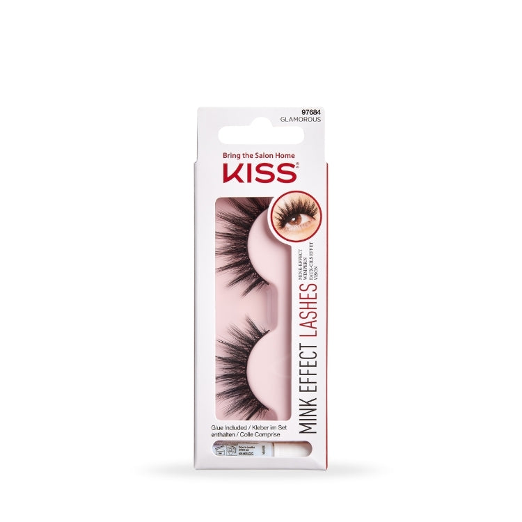 Kunstwimper Mink - Glamorous van Kiss, zwarte, volumineuze wimpers in een roze verpakking met duidelijke productinformatie.