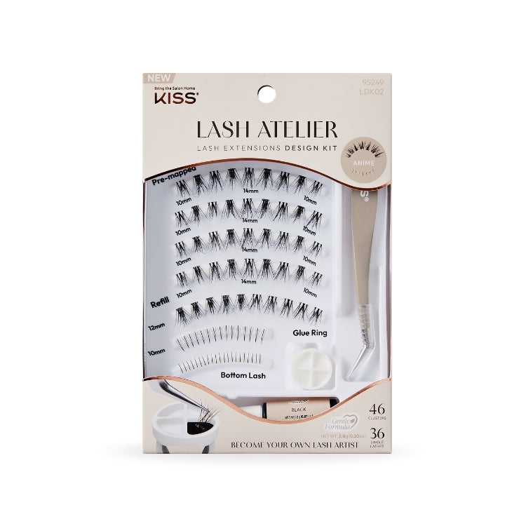 Lash Atelier Design Kit 6mm-14mm - Anime met zwarte wimpers, verpakking met verschillende lengtes en een applicator.