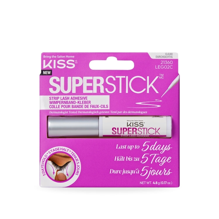 Superstick Strip Lash Adhesive | Clear in een witte tube met roze verpakking, geschikt voor het bevestigen van wimperstrips.