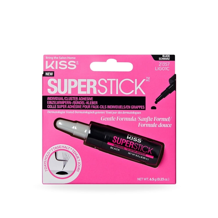 Superstick Cluster Lash Adhesive | Black in een zwarte verpakking met applicator, geschikt voor het bevestigen van wimpers.