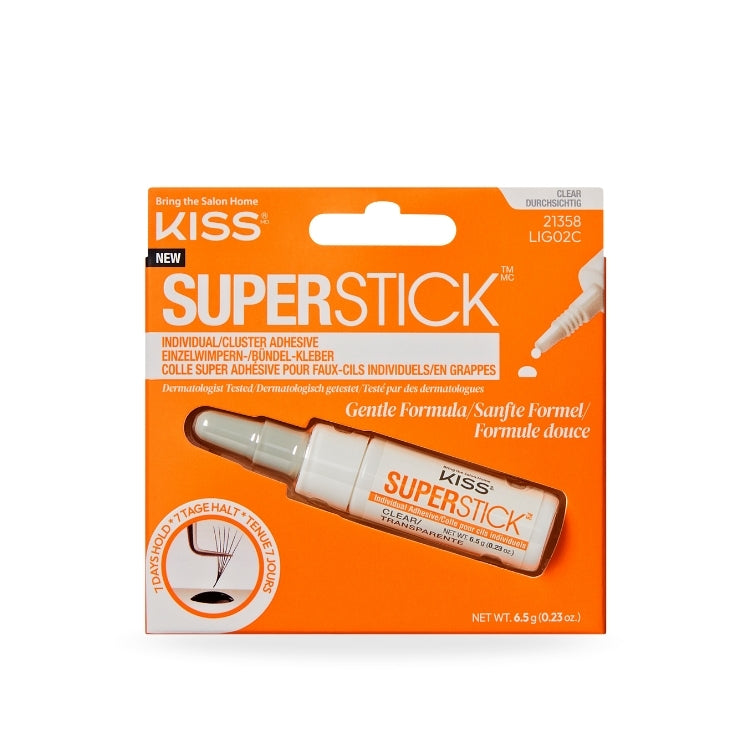 Superstick Cluster Lash Adhesive | Clear in een oranje verpakking met een transparante applicator voor het bevestigen van...