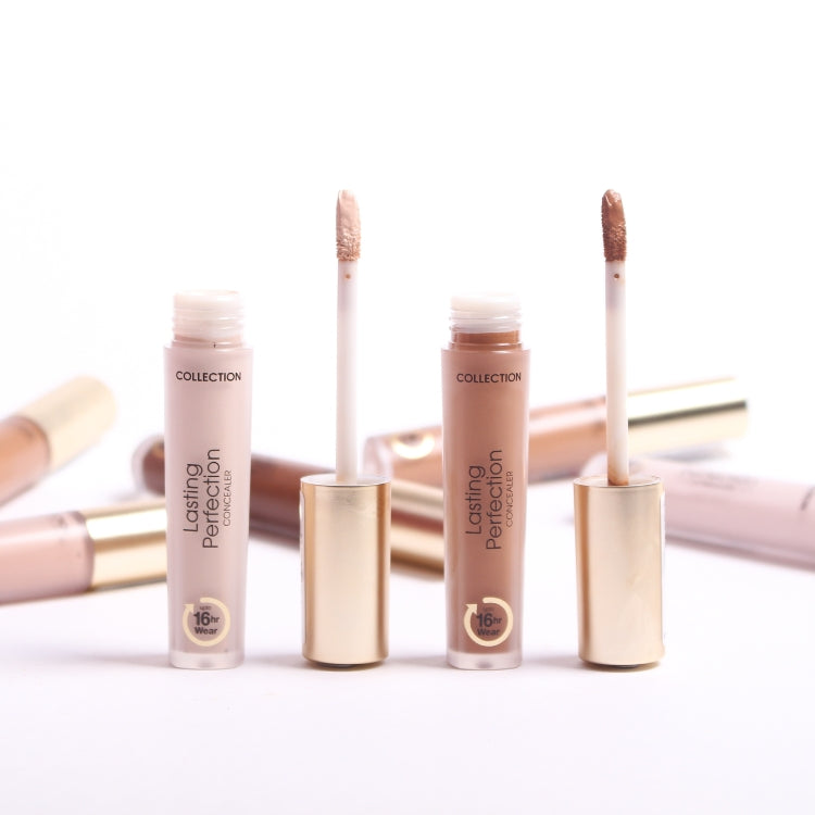 Lasting Perfection Concealer in verschillende nude tinten met applicator, verpakt in slanke, gouden tubes.