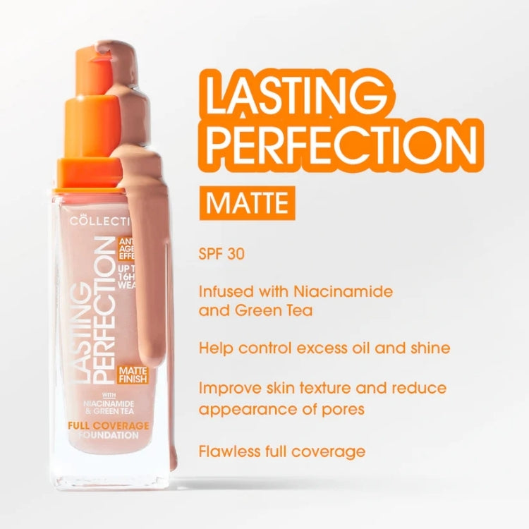 Lasting Perfection Matte Foundation in een transparante fles met een pompfles, lichtroze kleur en matte finish.