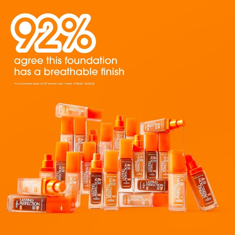 Lasting Perfection Matte Foundation in verschillende tinten, met oranje verpakking, op een levendige oranje achtergrond.