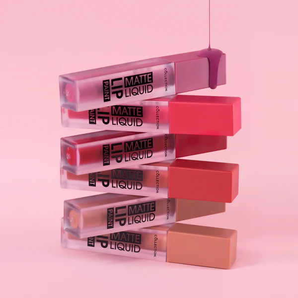Matte Liquid Lip Paint in verschillende kleuren, verpakt in transparante tubes met een moderne uitstraling.