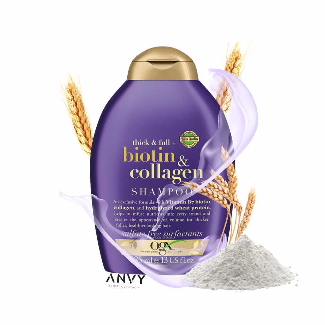 Thick And Full Biotin And Collagen Shampoo in een paarse fles met gouden dop, omringd door tarwe en poeder.