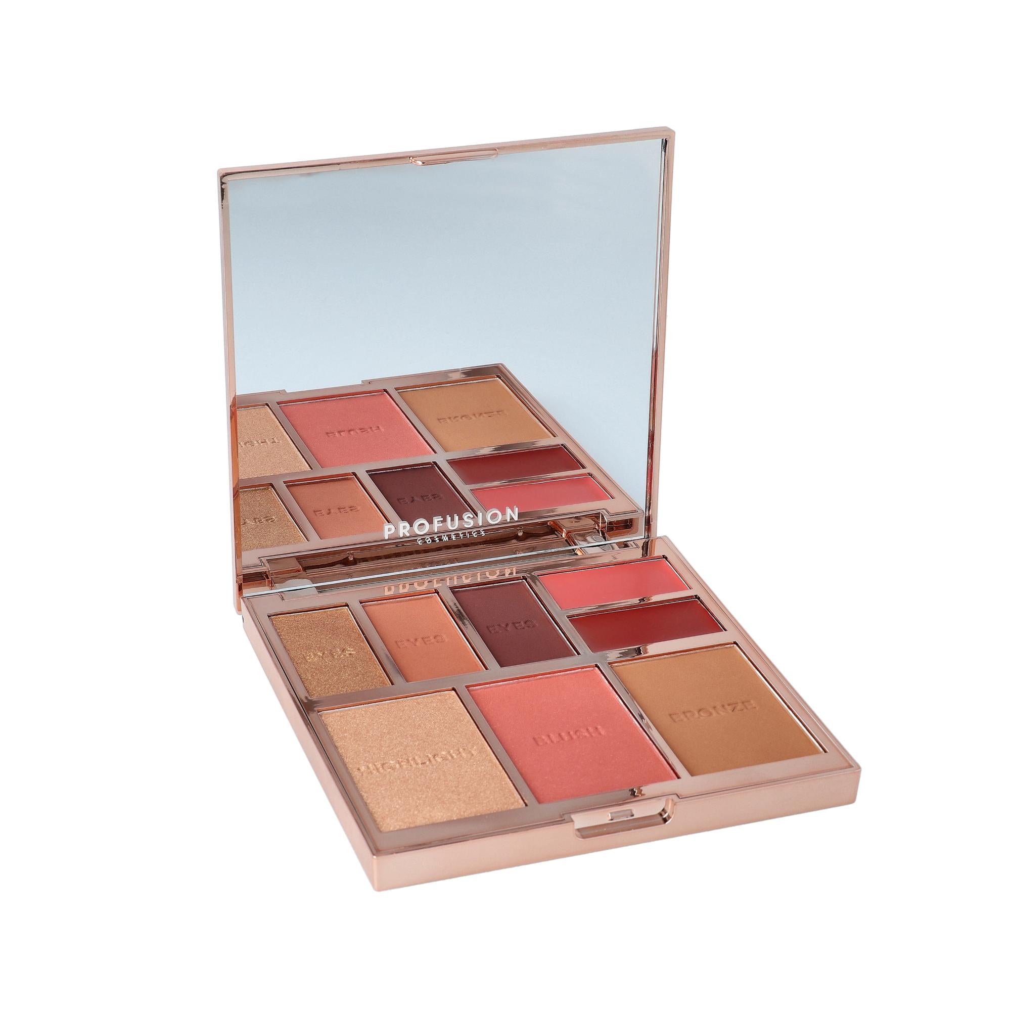 Full Face Palette - Radiance van Profusion in een luxe roségouden verpakking met diverse blush, bronzer en highlighter tin...