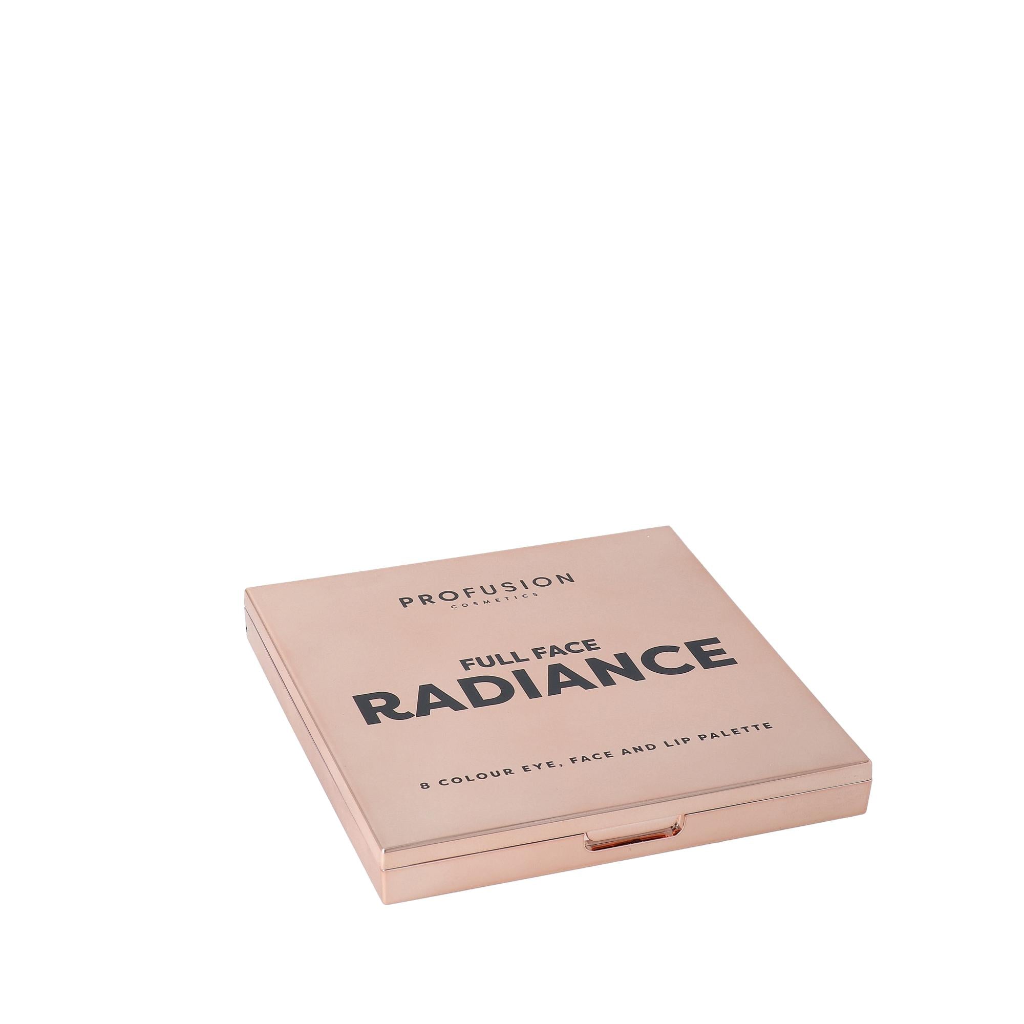 Full Face Palette - Radiance in een elegante, roségouden verpakking met 8 kleuren voor ogen, gezicht en lippen.