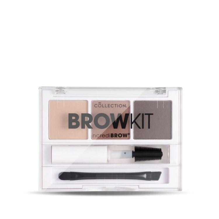 Incredibrow Eyebrow Kit met drie poeders in een transparante verpakking en applicators voor perfecte wenkbrauwen.