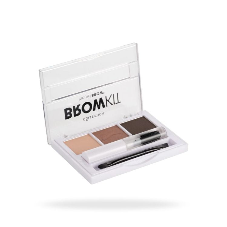 Incredibrow Eyebrow Kit met drie poeders in neutrale tinten en een applicator in een doorzichtige verpakking.