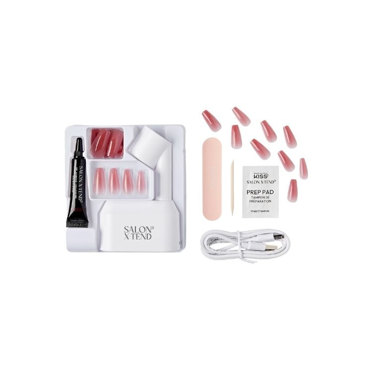 Salon X-tend LED Soft Gel System Starter Kit | Tone met roze nagels, accessoires en een oplaadkabel in een witte verpakking.
