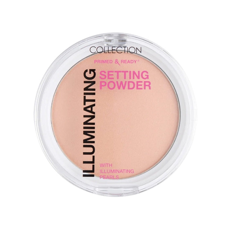 Primed and Ready Illuminating Setting Powder in een ronde, doorzichtige verpakking met een lichtroze poeder.