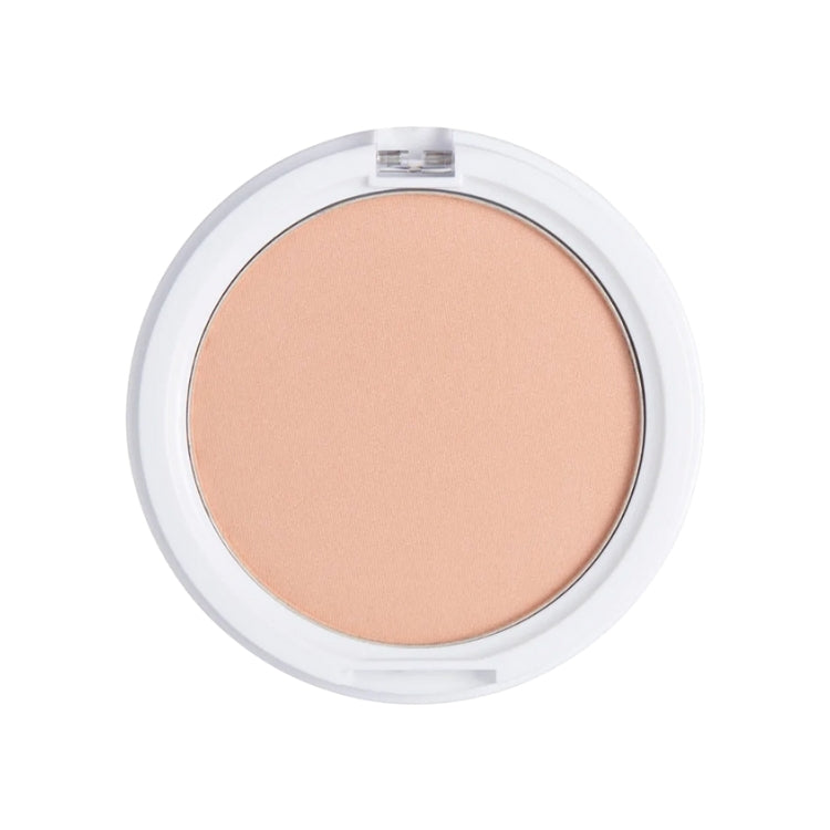 Primed and Ready Illuminating Setting Powder in een ronde, doorzichtige verpakking met een zachte, perzikachtige tint.