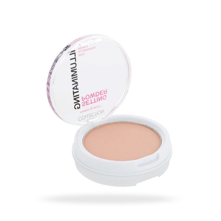 Primed and Ready Illuminating Setting Powder in een ronde, witte verpakking met doorzichtige deksel en lichte poederkleur.