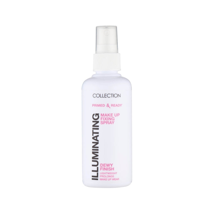 Primed and Ready Fixing Spray - Dewy in een transparante fles met spraykop, voor een stralende make-up finish.
