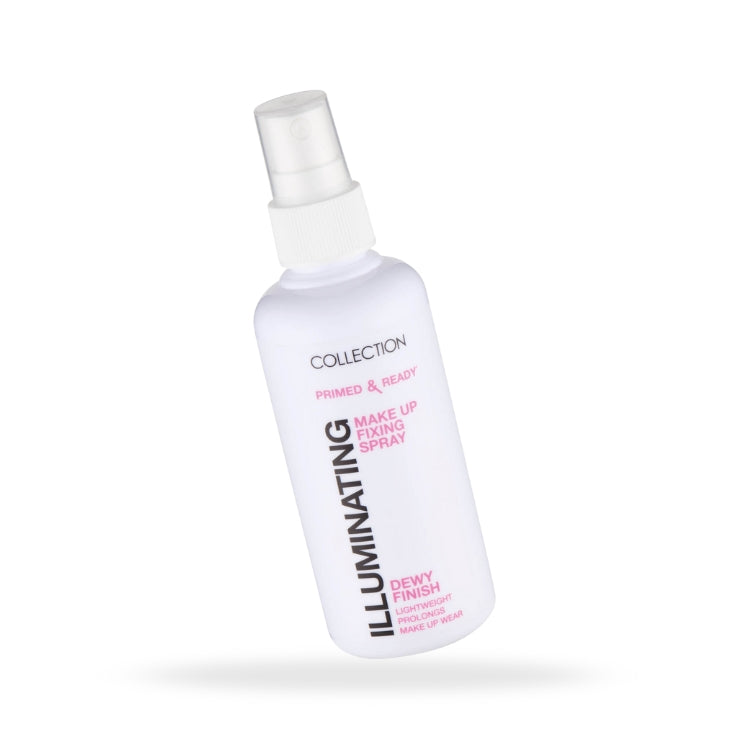 Primed and Ready Fixing Spray - Dewy in een witte sprayflacon met roze tekst voor een stralende make-up finish.