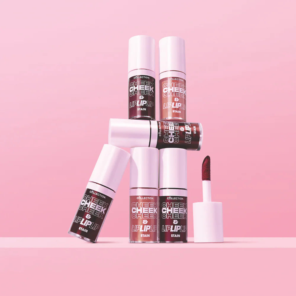 Collection Lip & Cheek Stain in diverse kleuren, gepresenteerd in een stapel met een applicator zichtbaar.