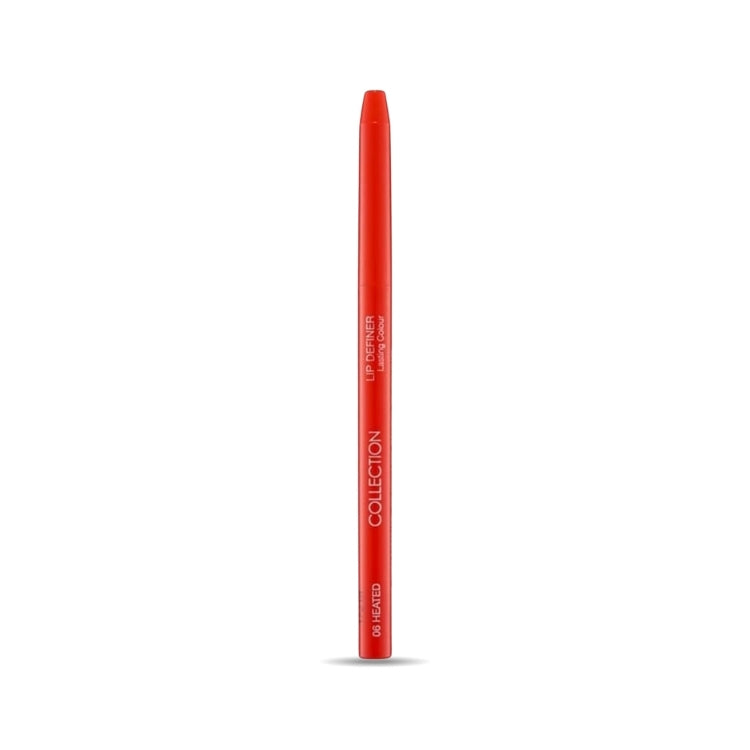 Lip Definer in een heldere rode kleur, slanke potloodvorm met merknaam Collection op de verpakking.