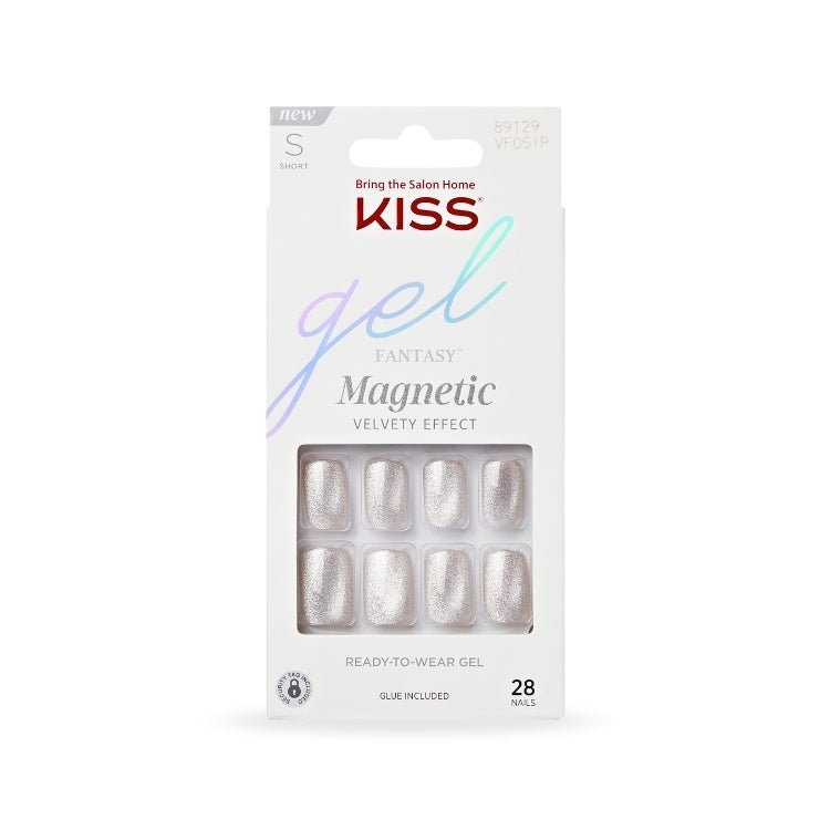 Gel Fantasy Magnetic - Dignity, set van 28 nagels in een zachte, glanzende zilveren kleur, verpakt in een stijlvolle doos.