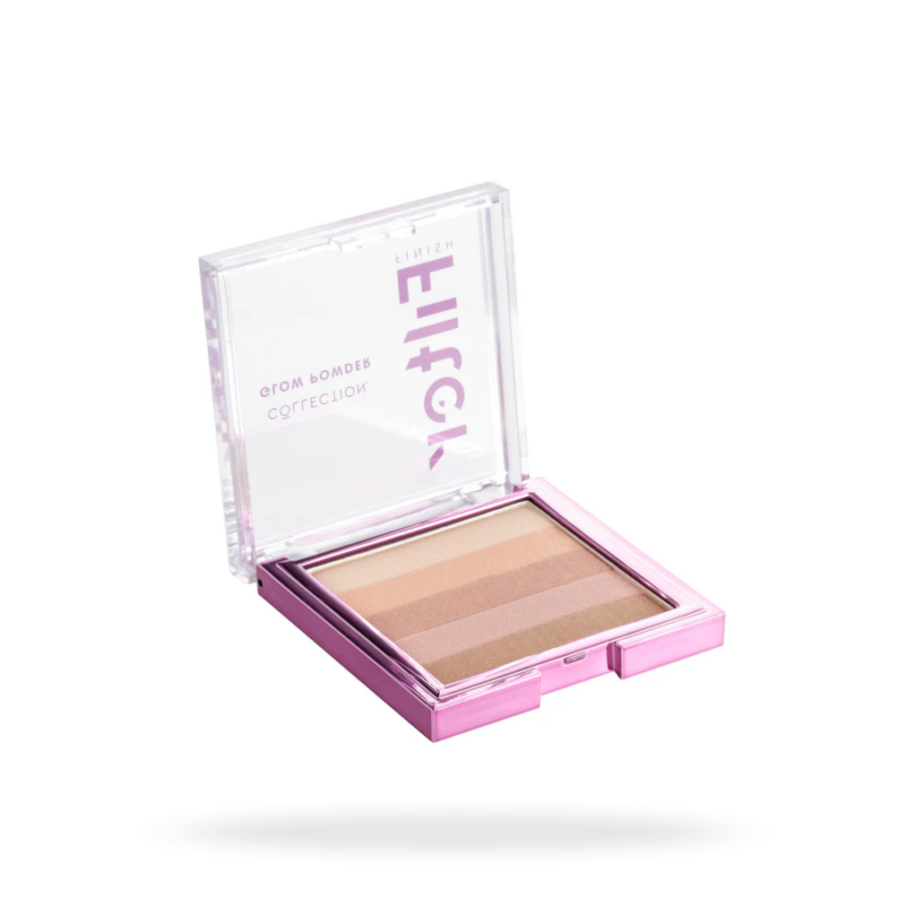 Filter Finish Glow Powder - bronze in een vierkante, roze verpakking met meerdere bronstinten voor een stralende teint.