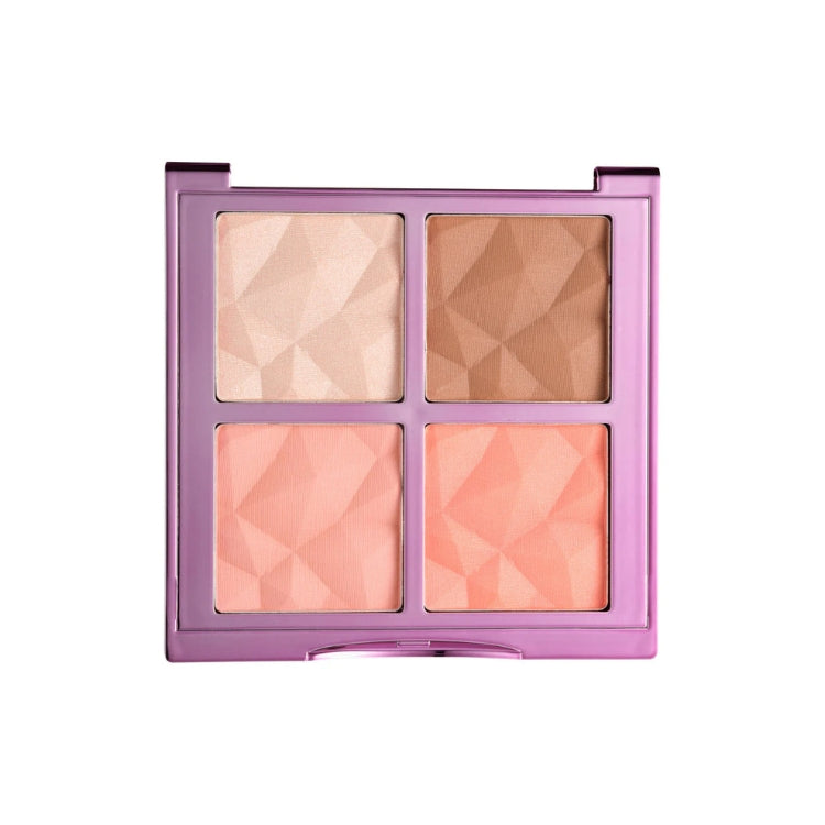 Filter Finish Face Palette in een vierkante, paarse verpakking met vier facetten in nude en perzik tinten.