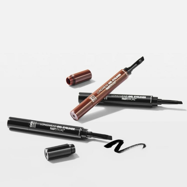 Fast Stroke® Longwear Gel Eyeliner & Brush Duo in zwart en bruin, met handige applicator en stijlvolle verpakking.