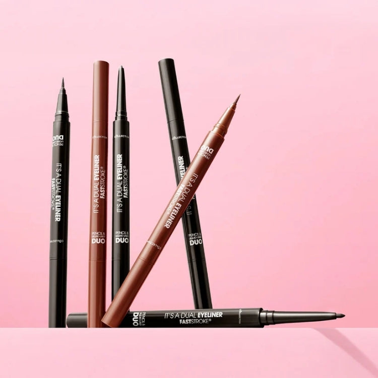 Fast Stroke It's a Dual Eyeliner in zwart en bruin, met slanke, moderne verpakking op een roze achtergrond.