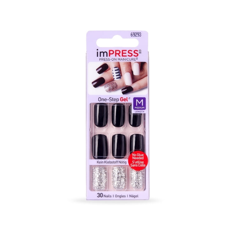 imPRESS Nails - Play It Loud, set van zwarte en glinsterende nagels in verpakking, ideaal voor een snelle manicure.