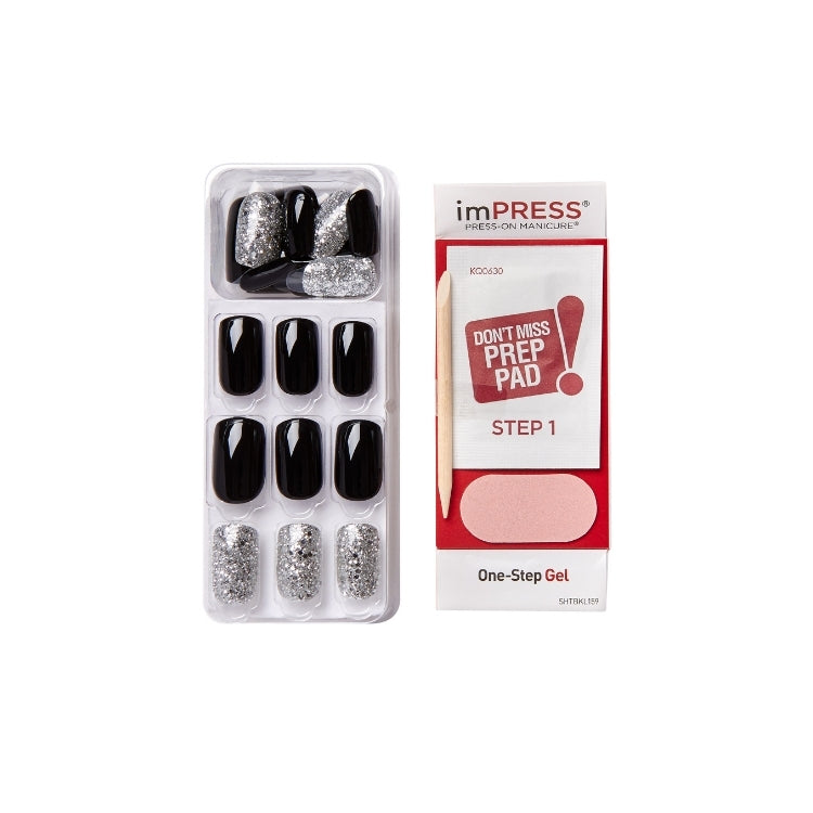 imPRESS Nails - Play It Loud, zwarte en glinsterende nagels in een verpakking met prep pad en applicator.