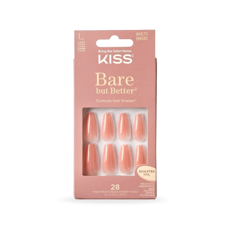 Bare But Better Nails - Nude Glow, set van 28 nude kleurige kunstnagels in een elegante verpakking.