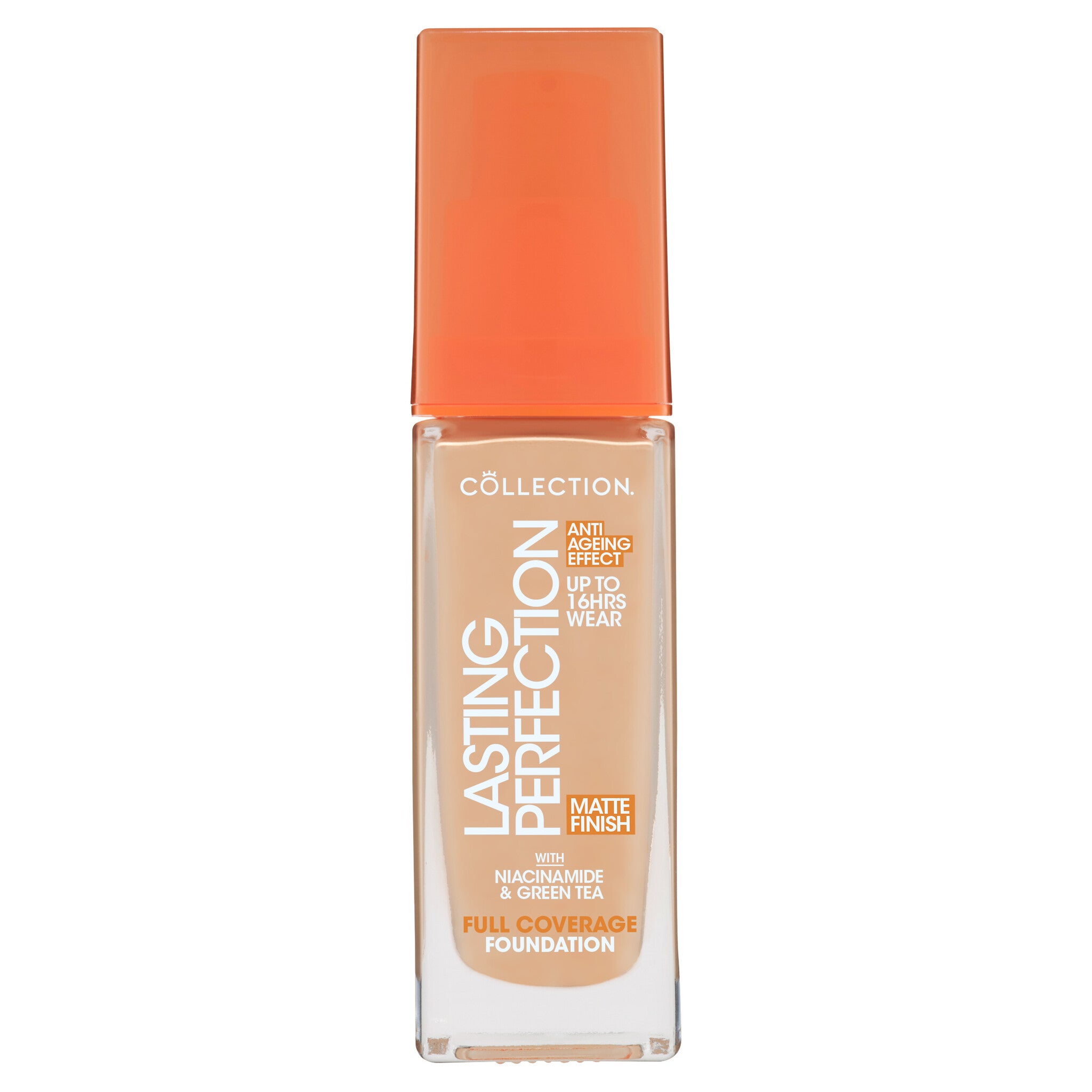 Lasting Perfection Matte Foundation - 8N Beige Neutral in een slanke, transparante verpakking met een oranje dop.