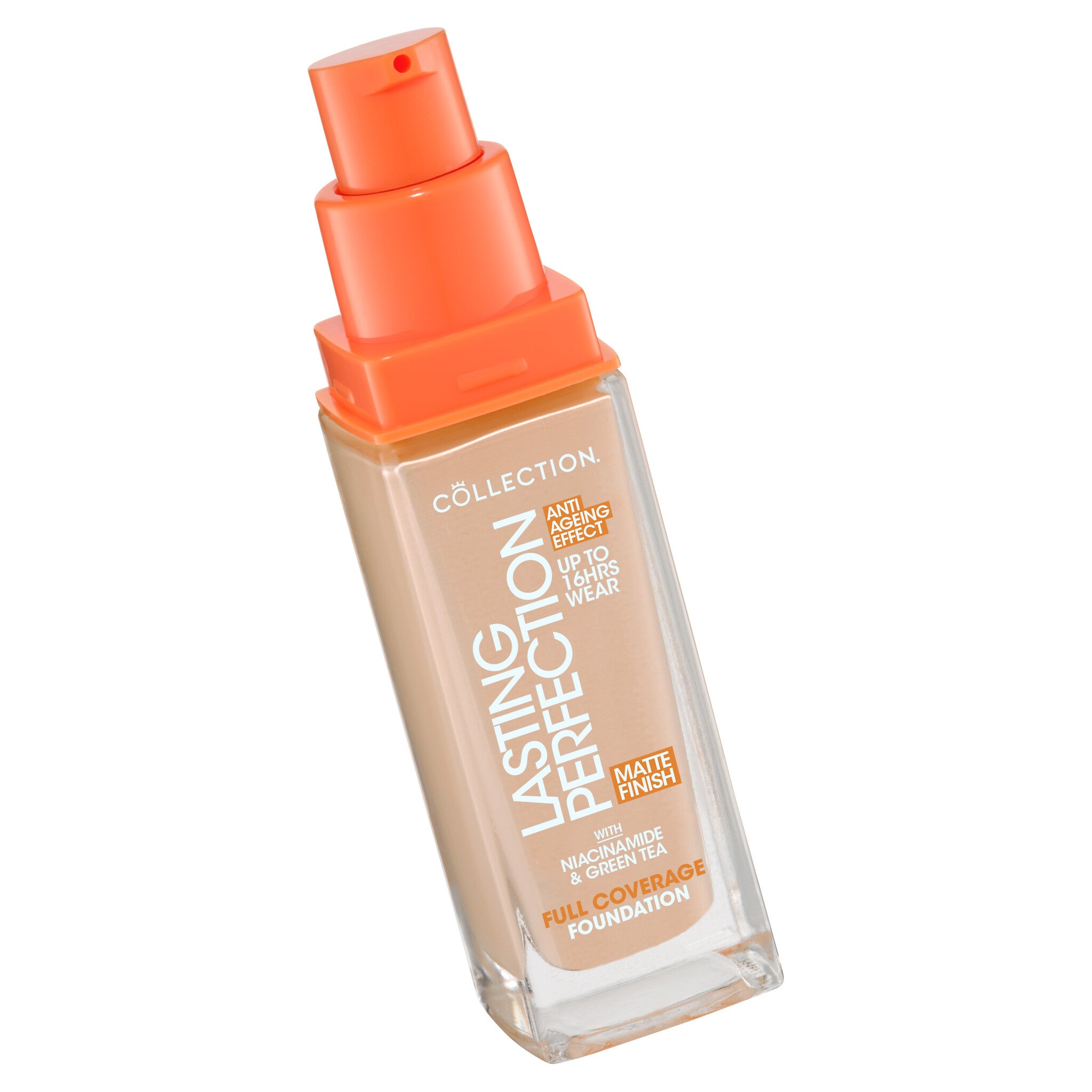 Lasting Perfection Matte Foundation - 8N Beige Neutral in een transparante fles met oranje pomp, voor een matte finish.